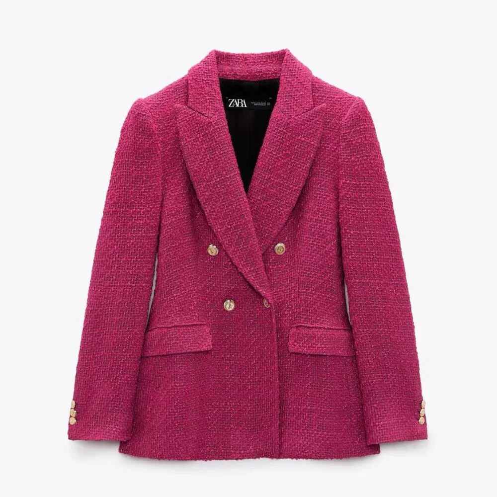 NWOT ZARA FUSCHIA DOUBLE BREASTED TEXTURED JACKET M - Picture 5 of 5